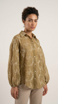 Floral Jacquard Textured Blouse with Puff Sleeves