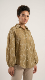 Floral Jacquard Textured Blouse with Puff Sleeves