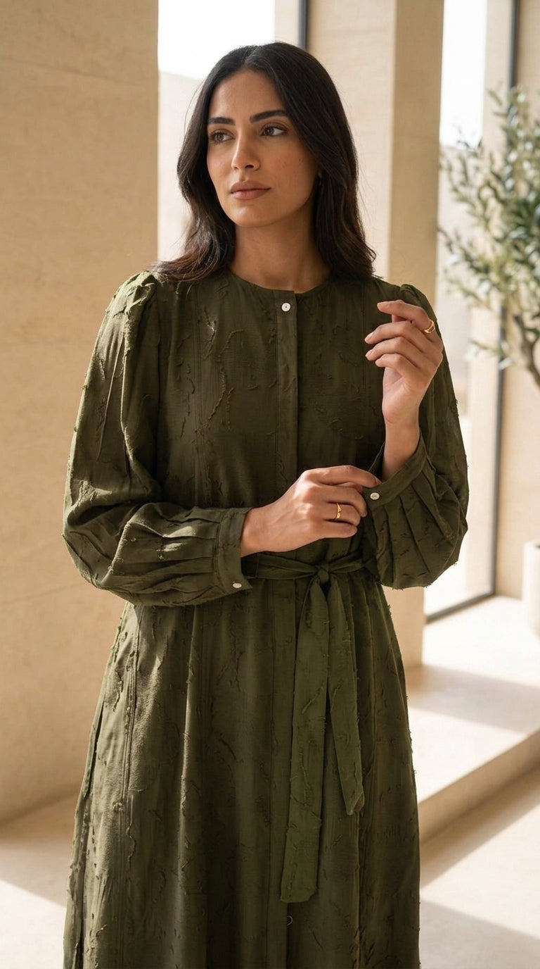 Women’s Elegant Printed Midi Dress with Waist Tie