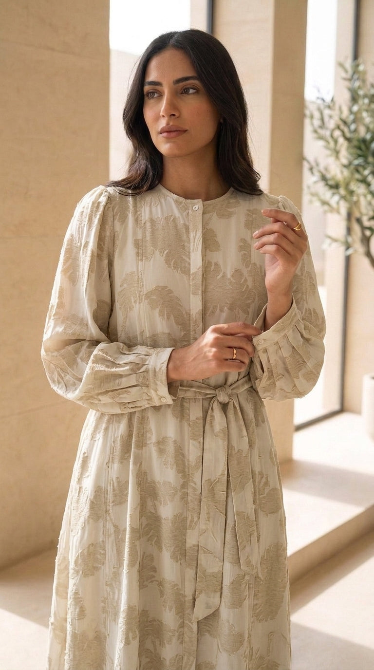 Women’s Elegant Printed Midi Dress with Waist Tie