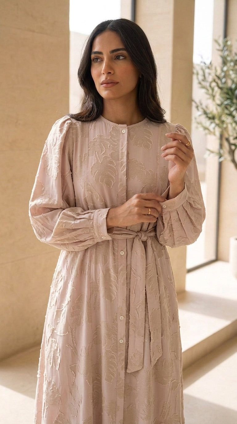 Women’s Elegant Printed Midi Dress with Waist Tie